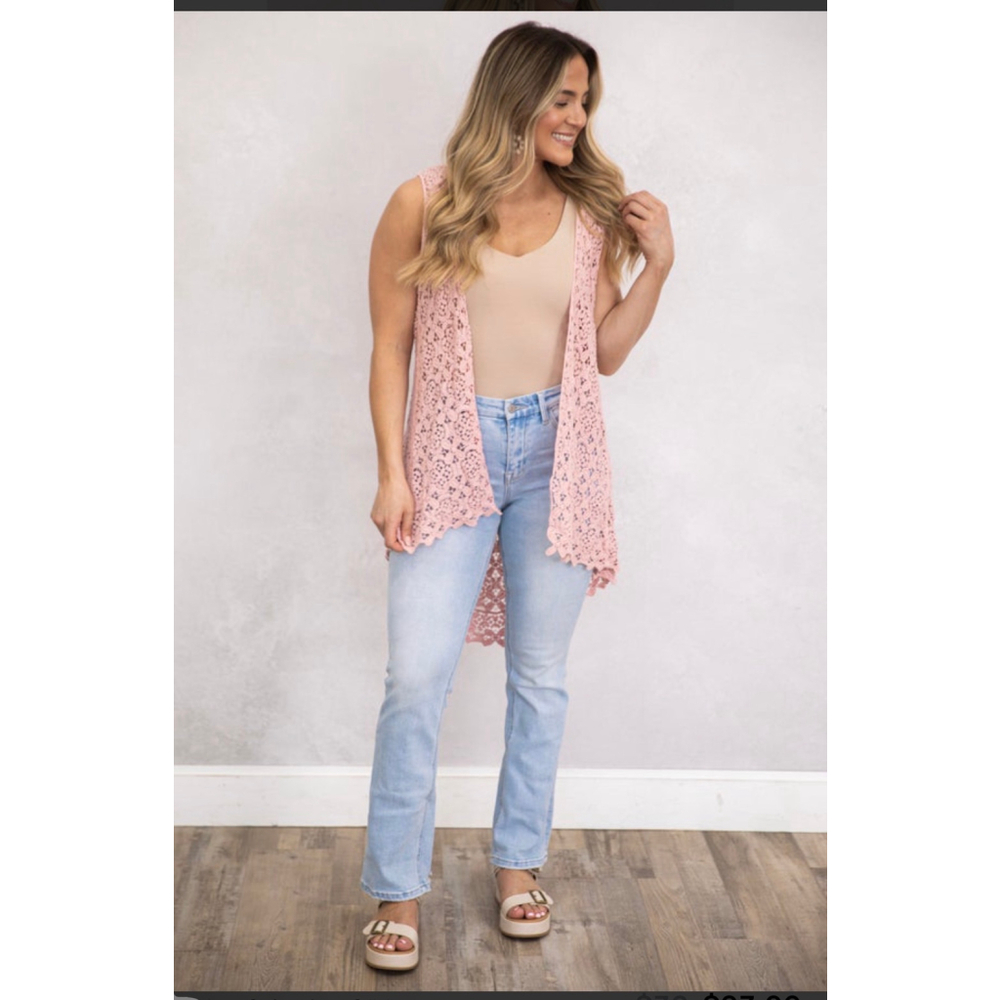 Women's Adora Sleeveless Pink Crochet Open Front Vest S/M